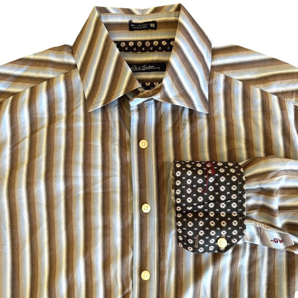 Robert Graham Button Up Shirt Large Brown Blue Striped Contrast Cuff Long Sleeve